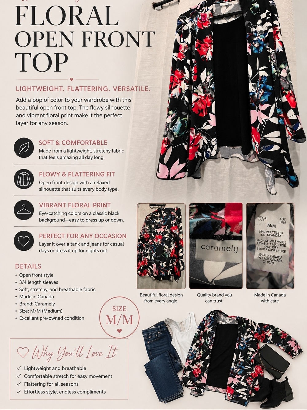 Caramel Floral Open Front Top - Black with Red & Pink Floral (M)
